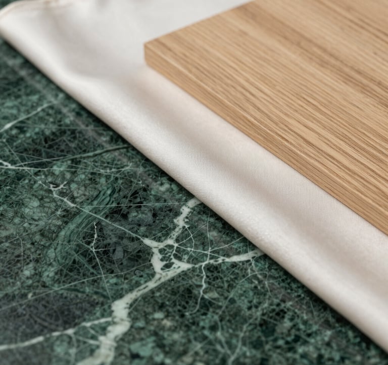 A close-up, artistic shot of interior design textures. Features a slab of royal dark green marble with intricate white veining, layered with soft off-white silk fabric and a sample of warm sandy beige oak wood.
