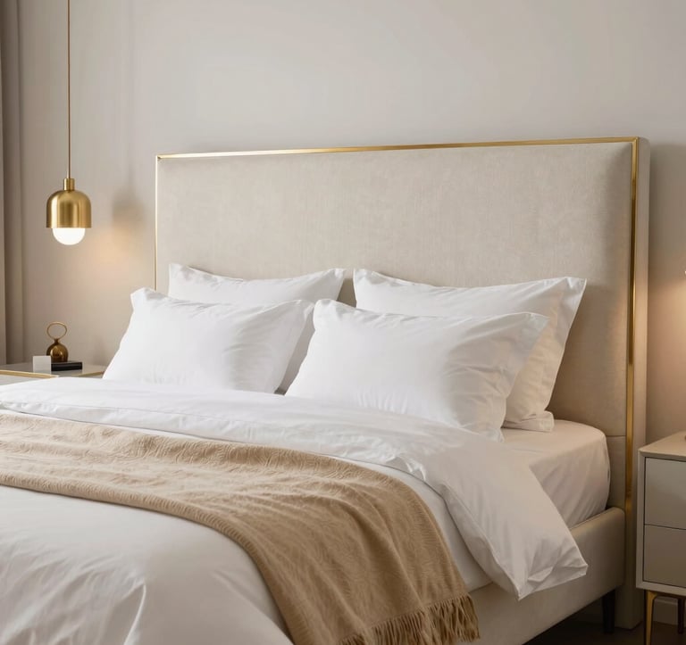 A luxury master bedroom showcasing a soft white and beige color palette. The bed has a high headboard in cream fabric with gold trim. Layered linens in white and warm sand tones create a plush feel. Elegant metallic gold pendant lights hang beside the bed.