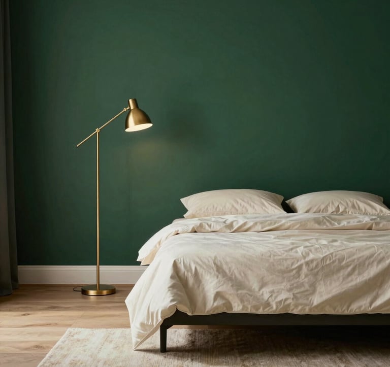 A serene and minimalist master bedroom. A low-profile bed with cream-colored linens is set against a royal dark green feature wall. To the side, a metallic gold floor lamp provides soft illumination. The flooring is light-toned wood with a soft beige plush rug.