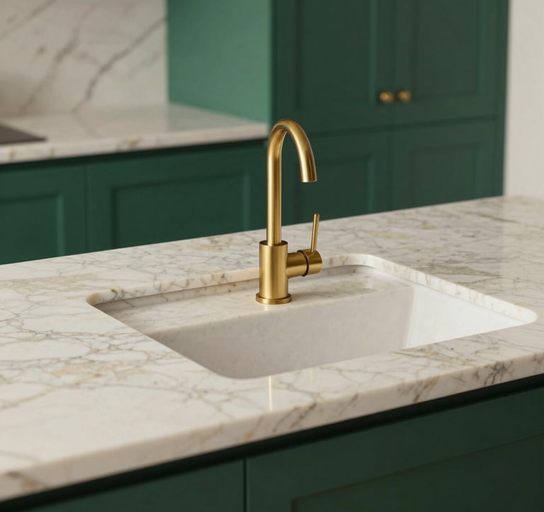A close-up of a high-end modular kitchen island. Features a thick cream marble countertop, a sleek gold faucet, and minimalist royal dark green cabinets. The style is ultra-modern and polished.