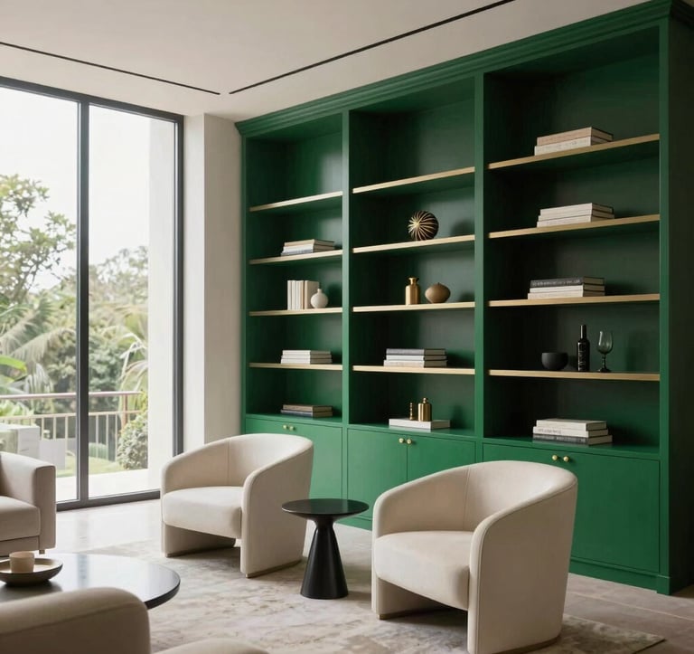 A sophisticated living space featuring bespoke royal dark green shelving, cream-colored designer armchairs, and floor-to-ceiling windows. The composition is clean and architectural, emphasizing modern luxury.