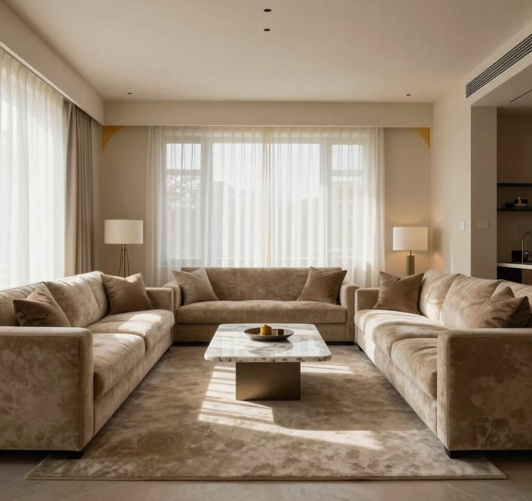 A wide-angle professional shot of a spacious living room designed with a minimal, rich aesthetic. Large beige velvet sofas face each other over a low marble table. The walls are a warm cream with subtle gold accents. Soft sunlight filters through sheer white curtains.