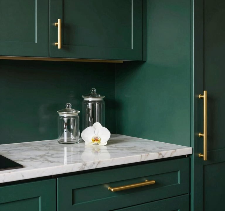 A close-up architectural shot of a luxury modular kitchen. The cabinets are finished in a deep royal dark green with brushed metallic gold handles. The countertop is a thick slab of white marble with subtle beige veining. Elegant glass jars and a single orchid sit on the counter.