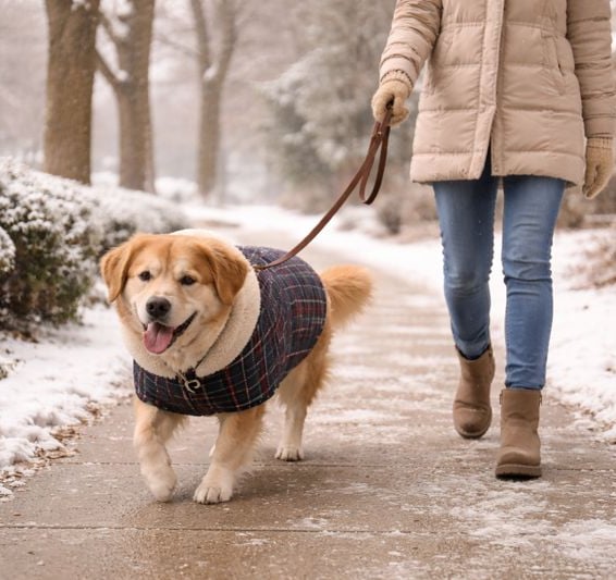 Dog walking safely during winter in Burlington neighborhood