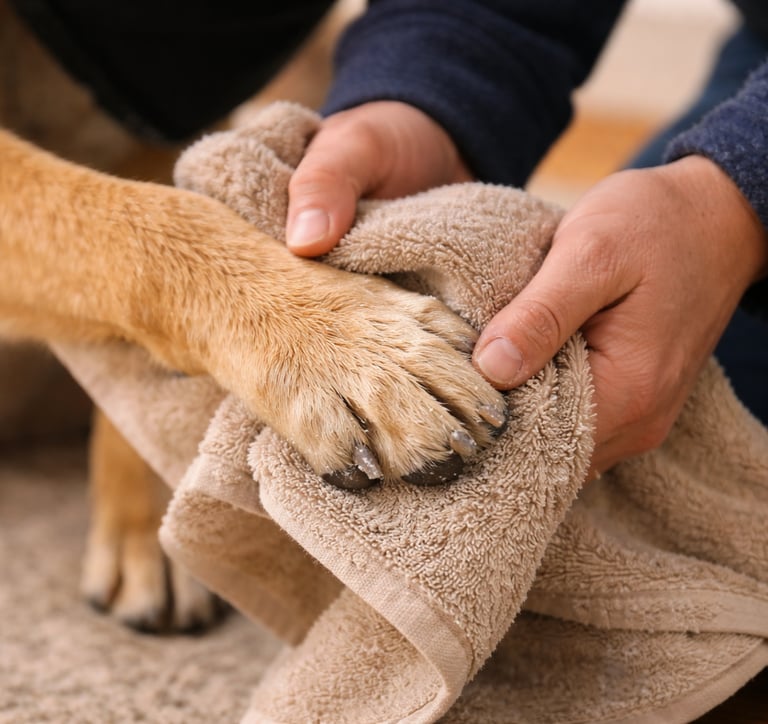 Dog paws being wiped clean after a winter walk.