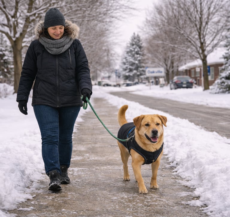 Dog enjoying a winter walk in Oakville with a pet sitter.