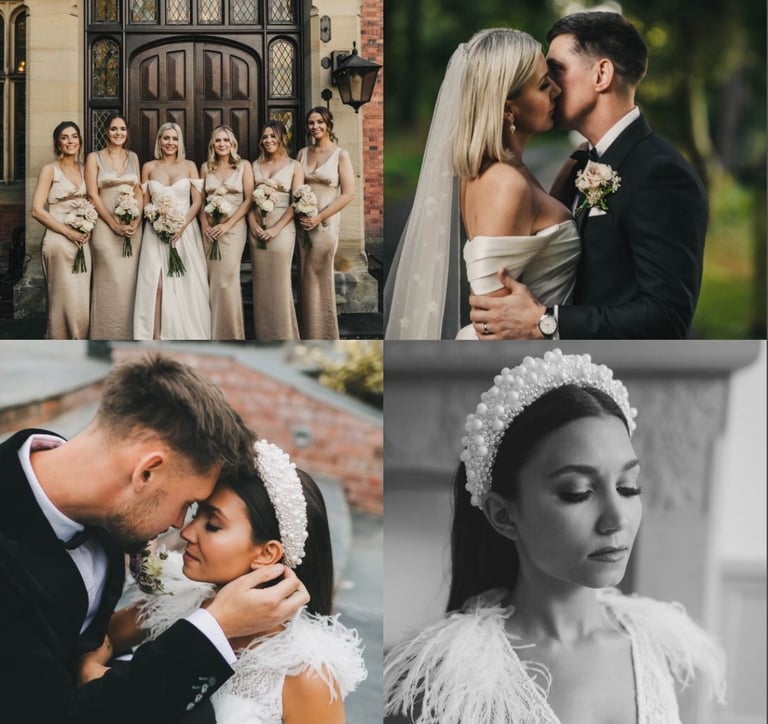 A bride and groom posing for a photo with bridesmaids at wedding