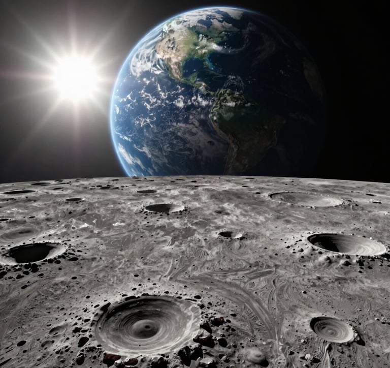 A sleek, dark-themed aerospace facility illuminated by subtle gold lighting, with a backdrop of the moon and South Pole landscapes.