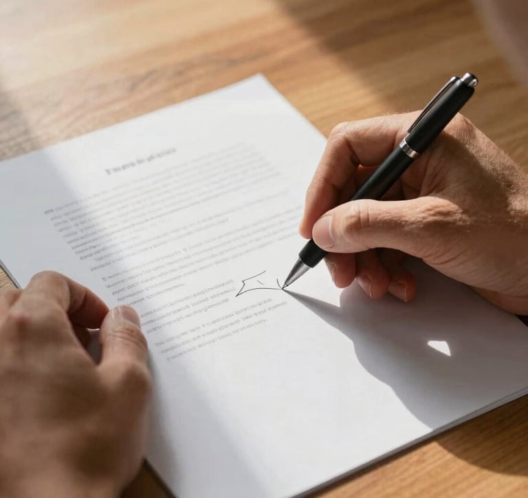 Close-up of two hands on either side of a document laid flat on a wooden desk, one hand holding a pen mid-annotation, north-facing daylight from the left, warm tungsten fill from the right, paper texture visible, no faces