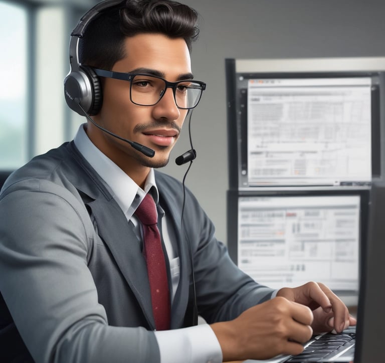 Professional call center agent wearing a headset, focused on assisting a customer.