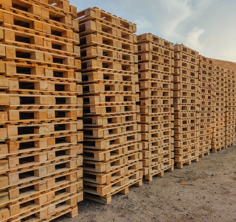 Grandes pilas de pallets de madera nuevos para almacenamiento industrial y transporte logístico.