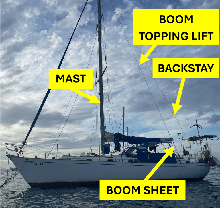Diagram of sailboat Tauha showing mast, backstay, boom topping lift, and boom sheet labeled