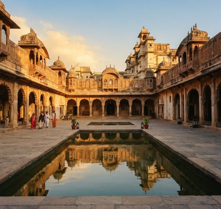 Wide environmental shot of a historic Indian palace courtyard at golden hour, warm sunlight casting long shadows on sandstone arches, serene pool in the foreground reflecting the architecture, medium format film style.