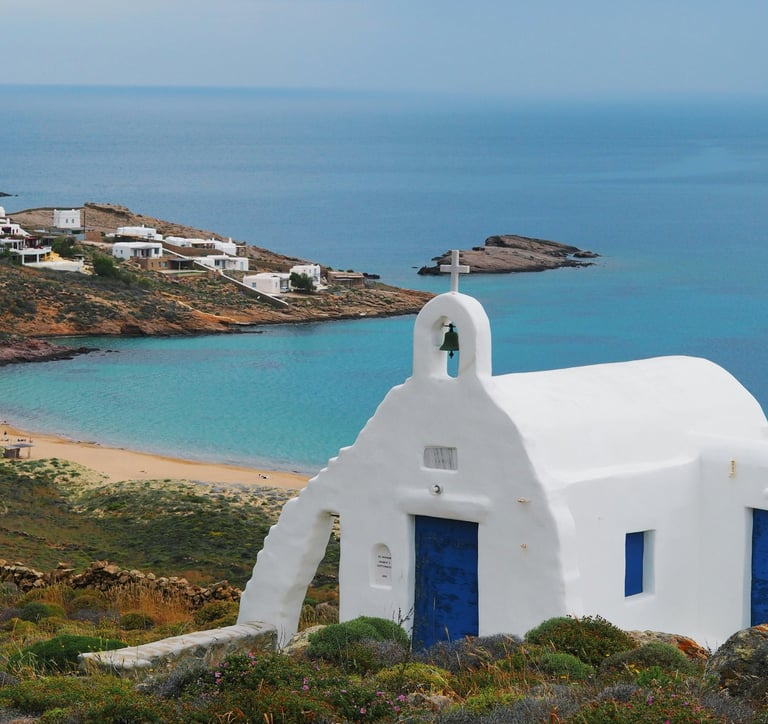 mykonos beach tour - Agios Sostis - white church