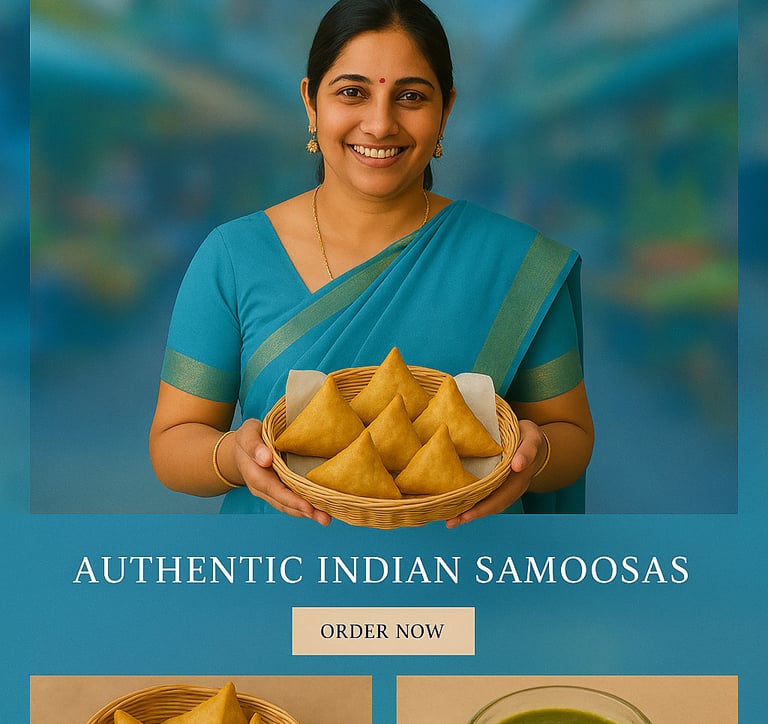 ain image of a website with a woman showcasing her samoosas