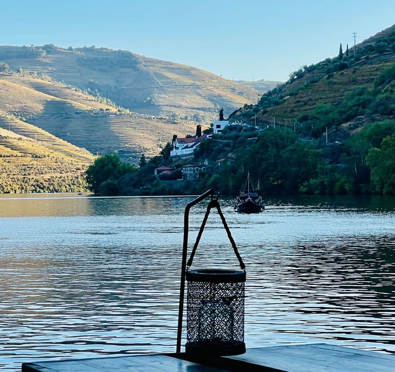 a boat on the Douro river with mountains in the background in Pinhão village.