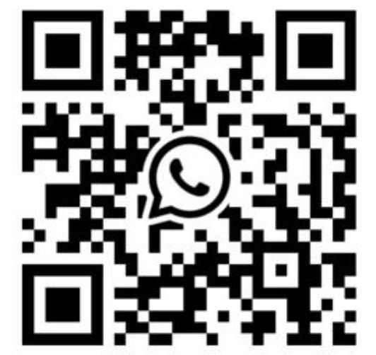 A black and white QR code featuring the WhatsApp messenger icon in the center for quick contact.