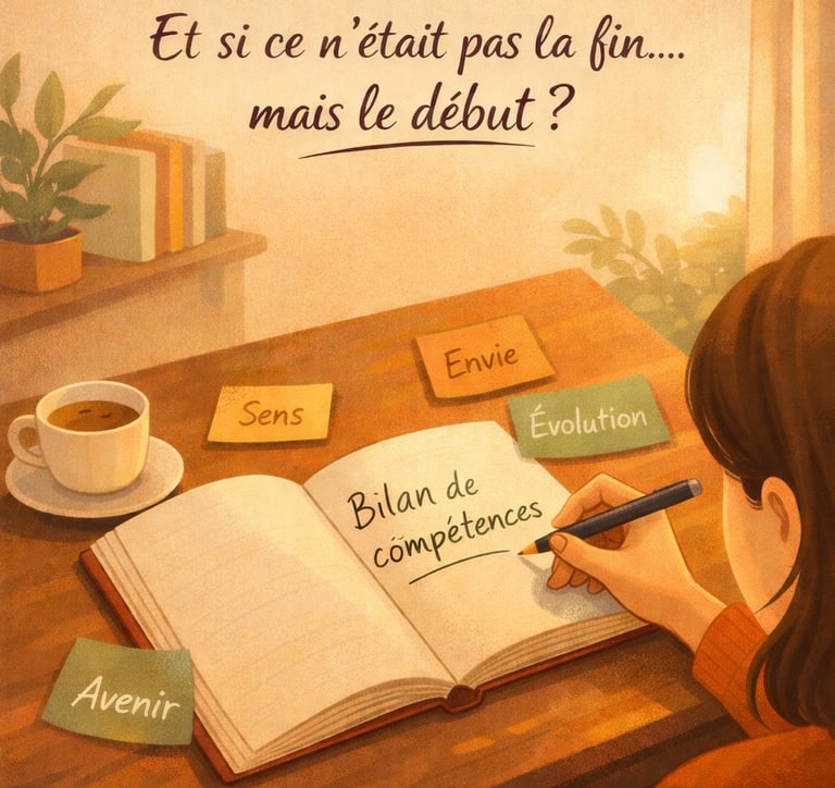 Femme qui écrit 'Bilan de compétences'  dans un cahier en vue d'une évolution professionnelle