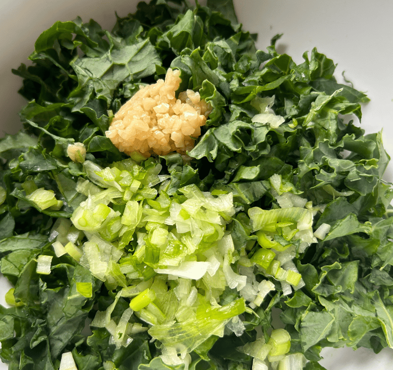 Ring of Goodness veggie mix of Kale, minced garlic and green onions.