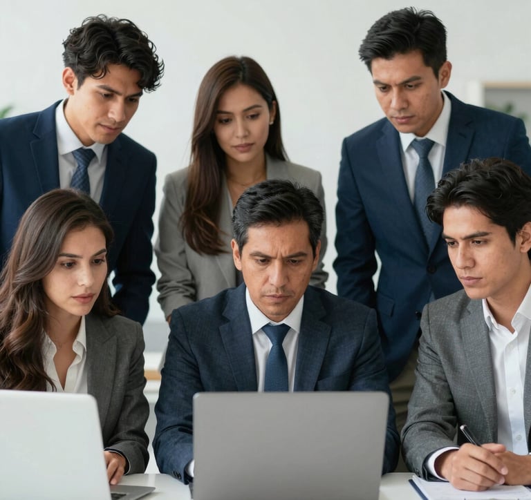 Professional team discussing financial documents in a modern office setting.