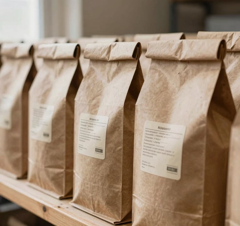 Close-up of kraft paper export packaging bags lined up on a wooden shelf in a processing warehouse, natural fiber labels attached, diffuse afternoon light from a side window, burlap texture visible in background