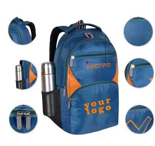 school bag with orange and blue color combination and multiple compartments
