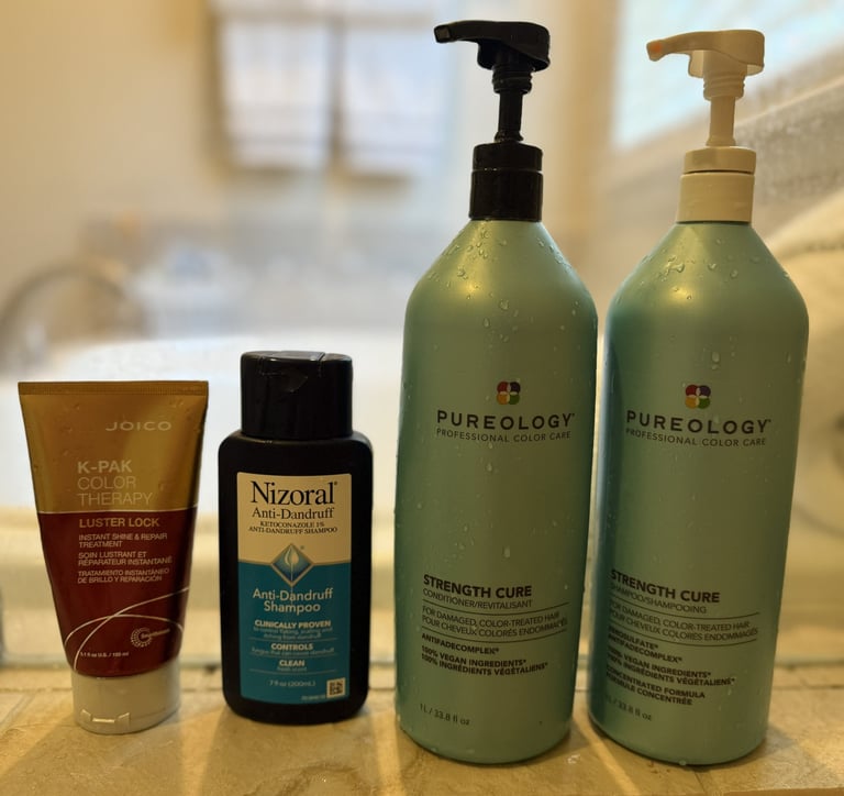 Nizoral Pureology and Joico hair products for thinning dry and damaged hair repair