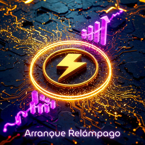 Icono de rayo dorado sobre circuito y gráficas ascendentes; Arranque Relámpago Egremy Digital para un lanzamiento veloz.