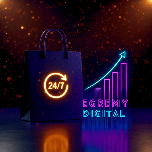 Bolsa de compras con icono 24/7 y gráfica ascendente neón; Egremy Digital impulsa ventas online todo el día.