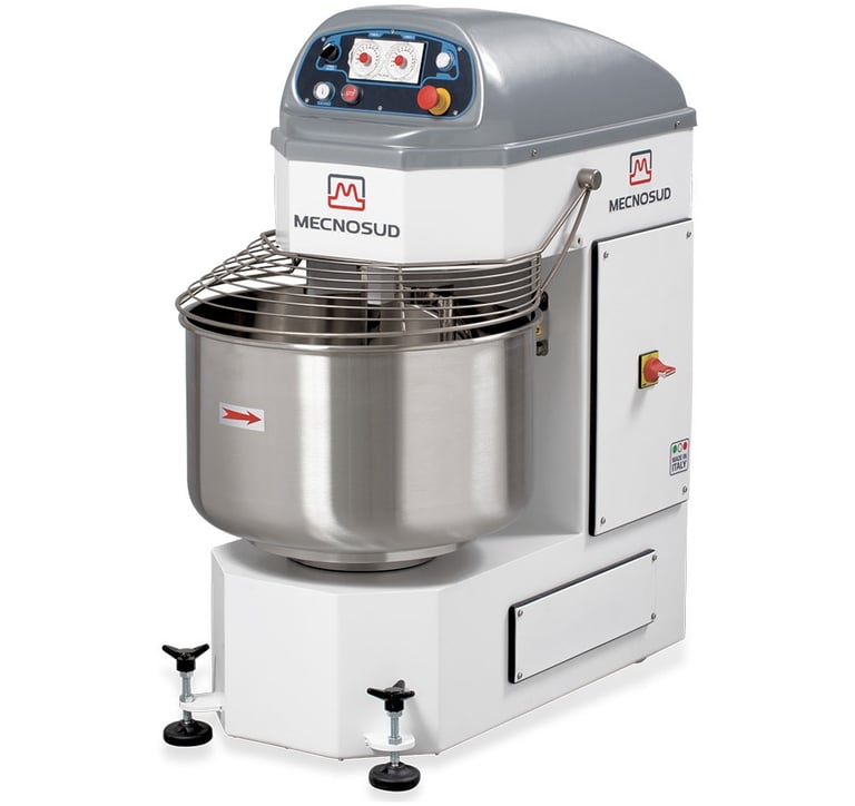 Industrial Mecnosud spiral dough mixer with stainless steel bowl for commercial bakery equipment.