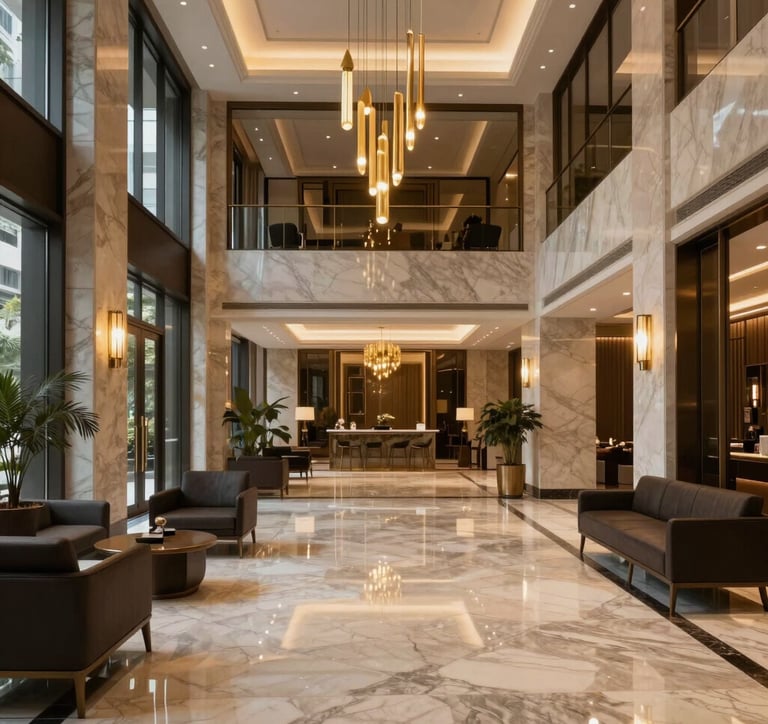 A photography shot of an elegant residential lobby in a premium Mumbai skyscraper. Marble floors reflecting gold light fixtures, minimalist dark furniture, and a sophisticated, quiet atmosphere. Understated South Asian / Indian luxury.