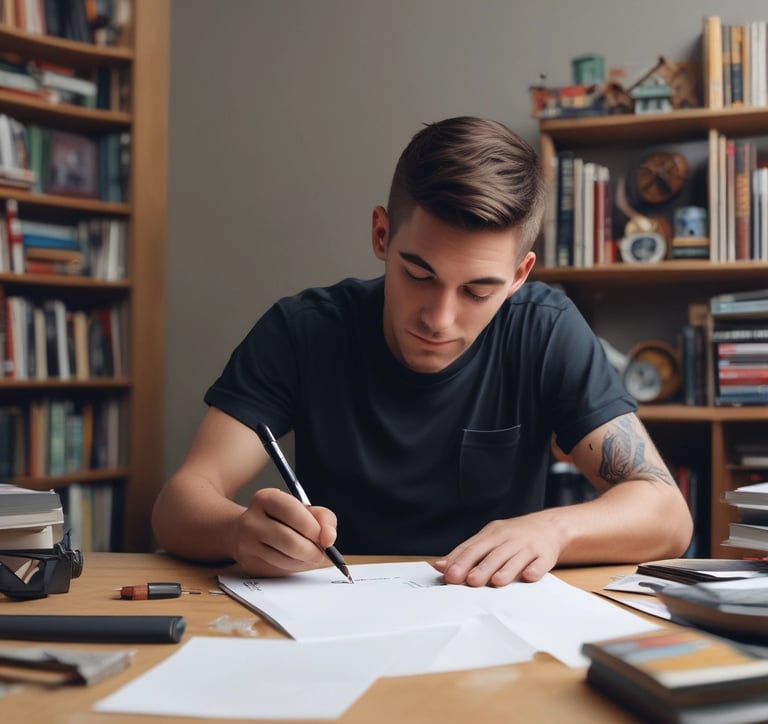 a man riding a skateboard down a street next to tall buildings