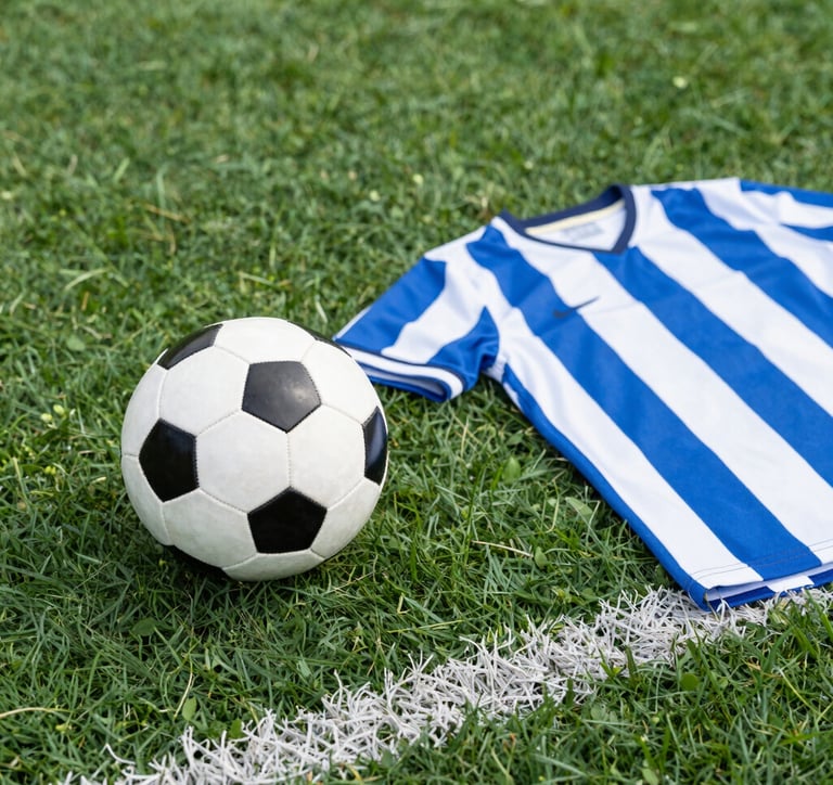 A collection of colorful soccer jerseys is laid out, each featuring distinctive team logos and color patterns. The jerseys include stripes, stars, and various shades, providing a rich visual contrast.