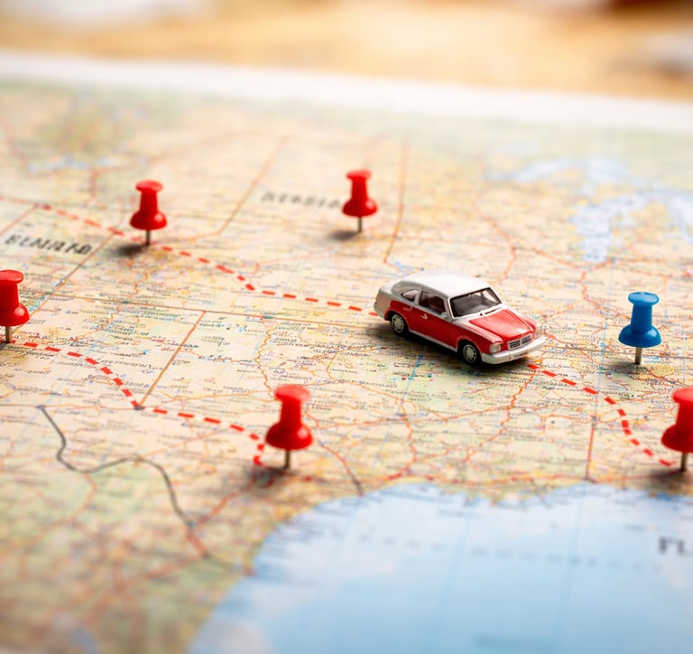 A car on a map trying to find a place to live