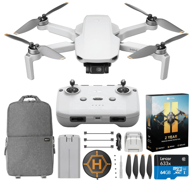 Travel white drone with a camera and a backpack