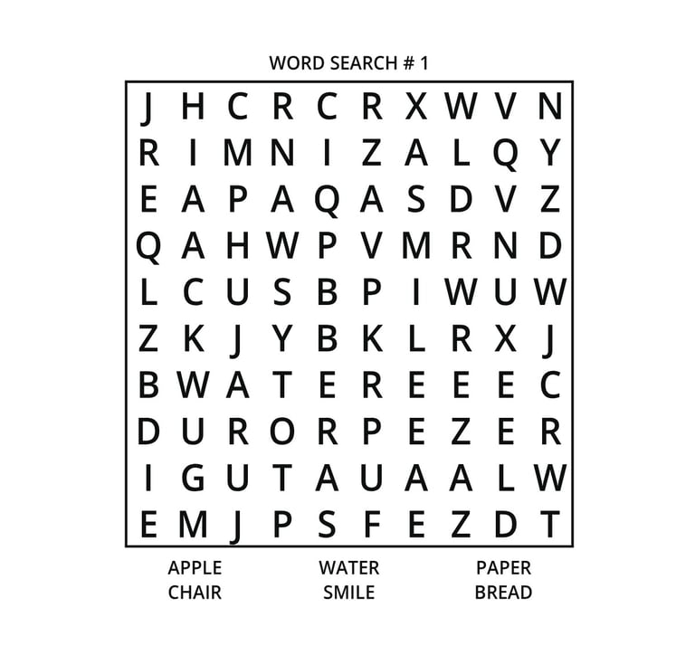word search puzzle page from Pencil Book brand featuring words like apple, chair, water, smiles, pap