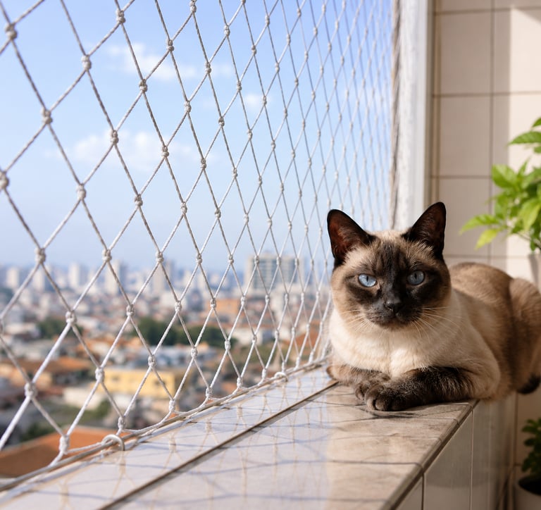 Gato em sacada protegida com rede de proteção
