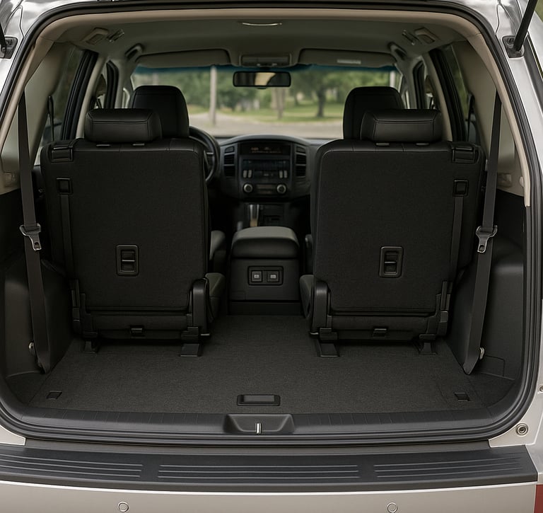Interior da Mitsubishi Pajero Full visto do porta-malas até o painel frontal com bancos em couro