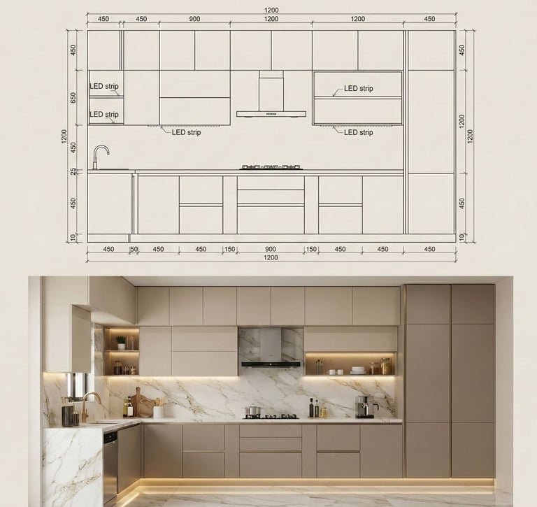 a kitchen with a large kitchen and a drawing of a kitchen