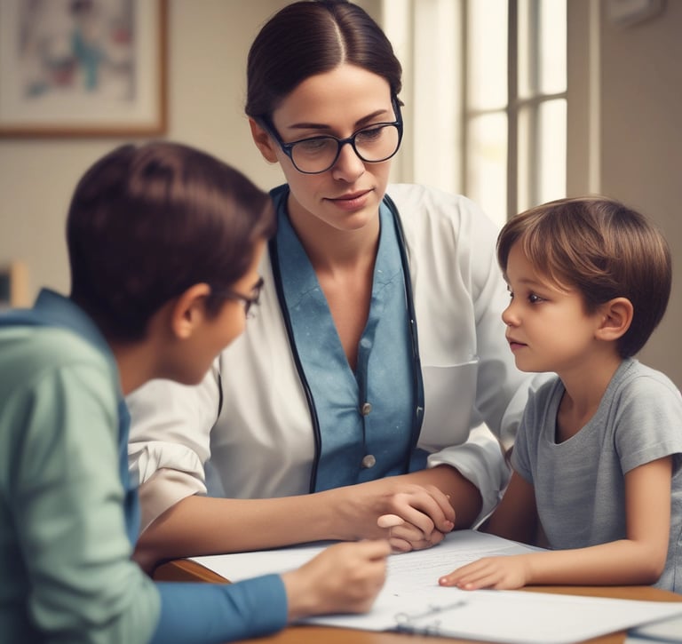 a doctor and a child sitting at a desk