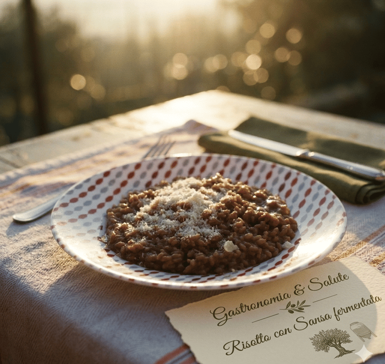 Foto con piatto di risotto condito con la sansa d'olovo fermntata