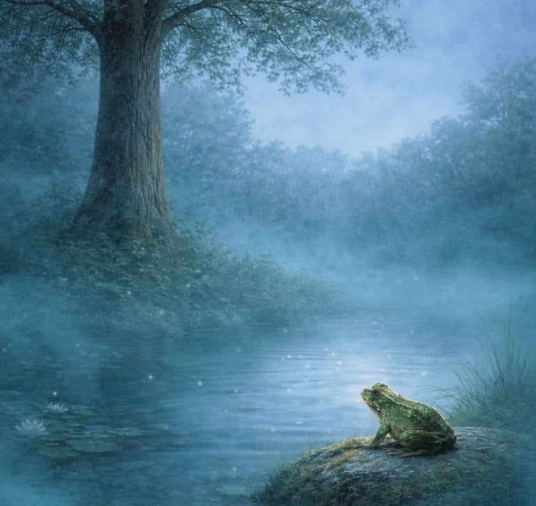The Path Now, image of the ash tree under the new moon and a frog. 