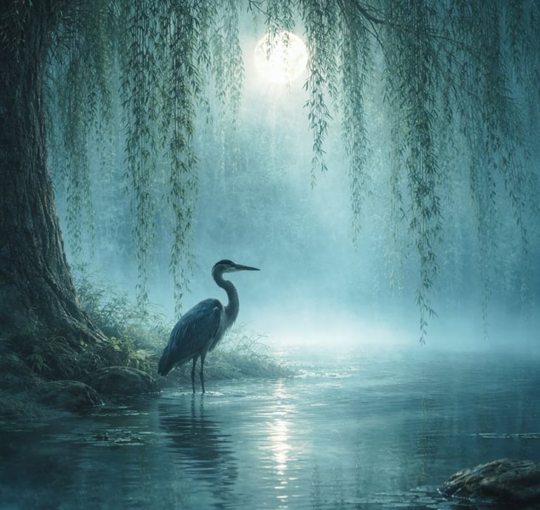 Heron Spirit Animal standing in a lake by a willow tree