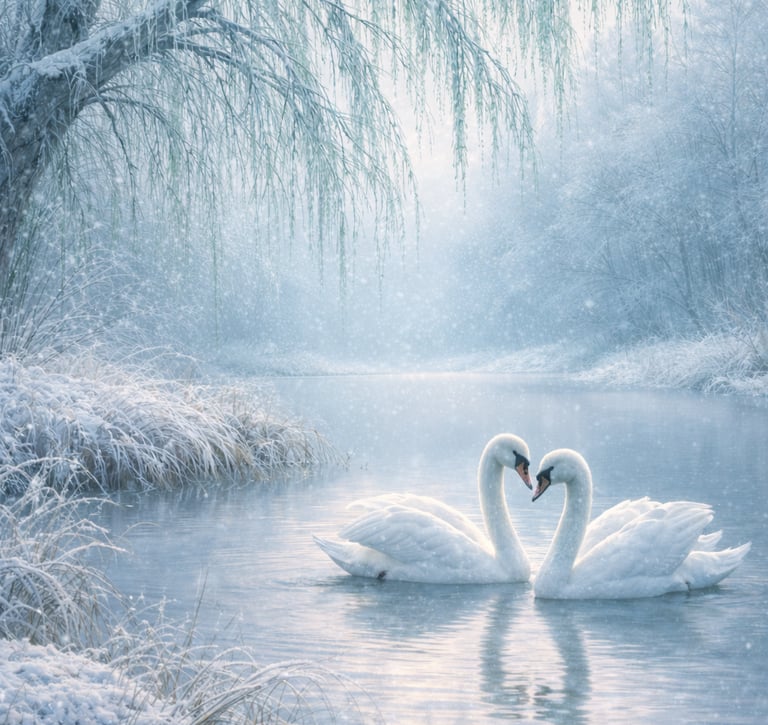 new moon in willow, 2 swans on a lake