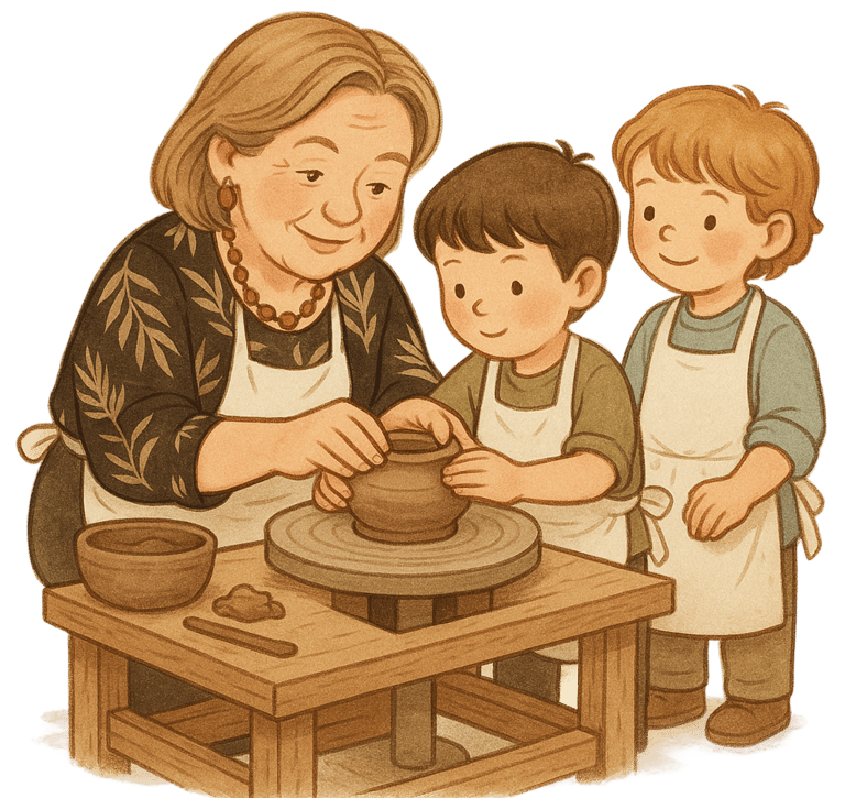 molio edukacija žiedžiant molį su staklėmis, mokytoja ir du vaikai žiedžia buodynę