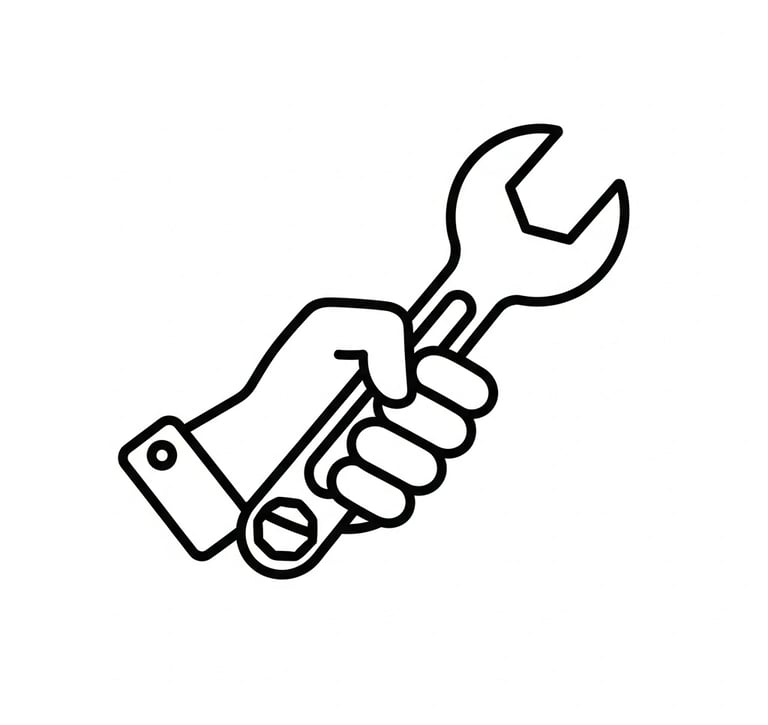 A black and white line art icon of a hand holding a mechanical wrench for repair services.