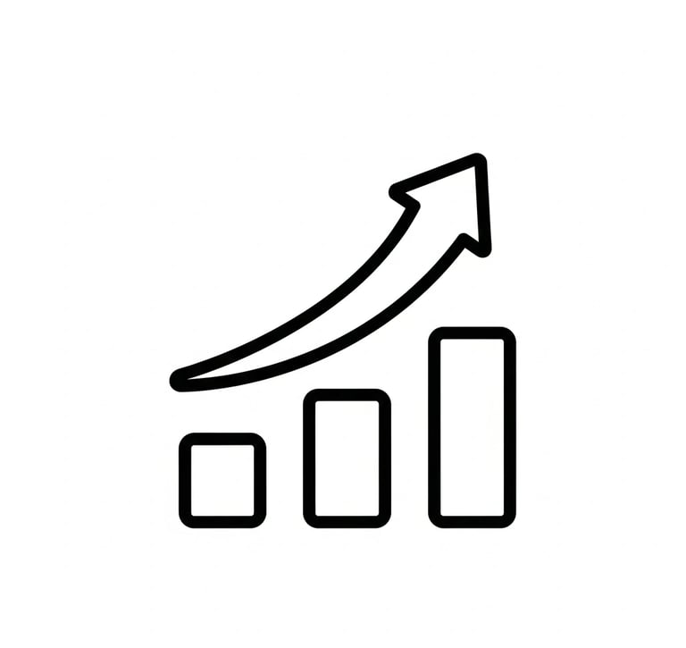 Line art icon of a bar chart with an upward arrow showing business growth and financial success.