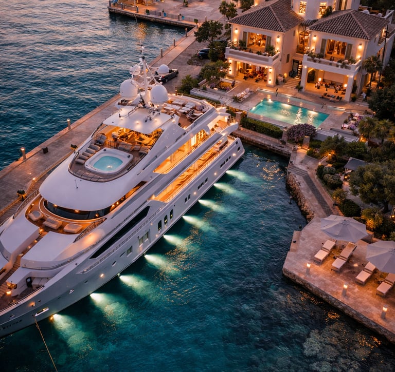 A yacht parked near a sea facing villa