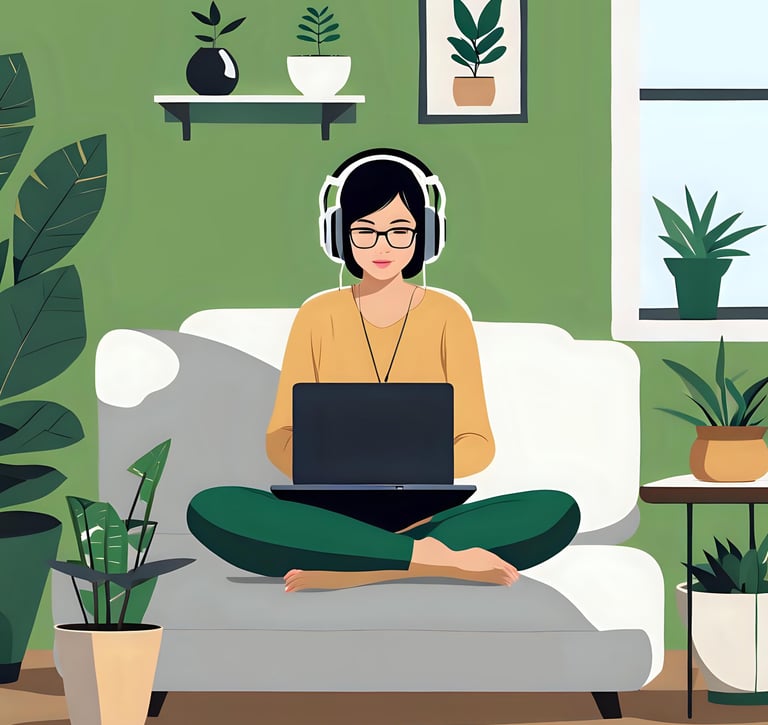 a woman sitting on a couch with headphones on