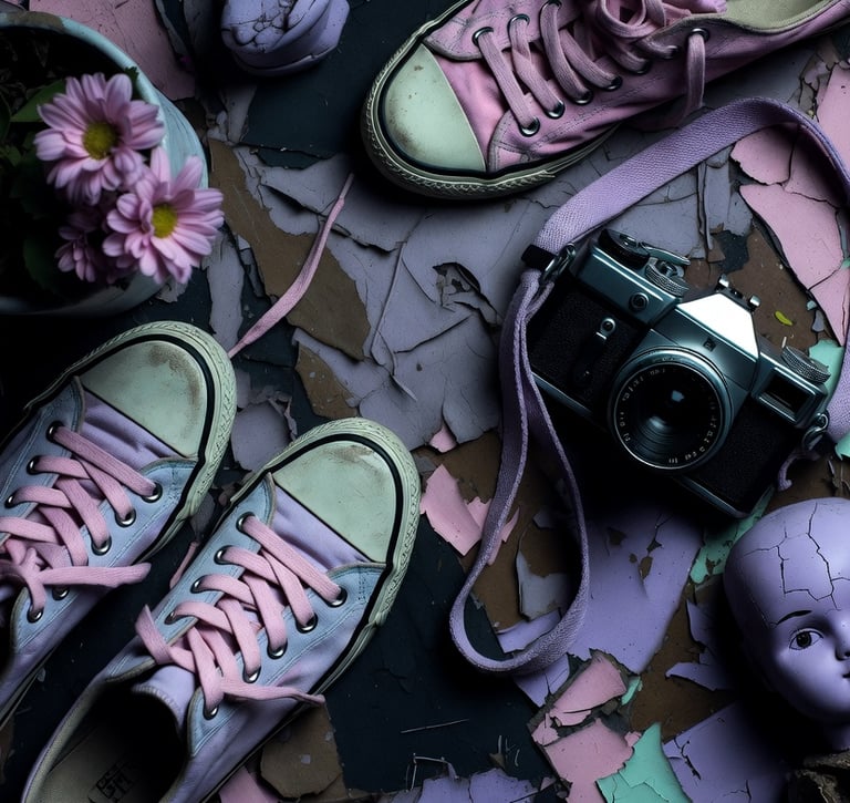 weirdcore pastel grunge sneakers, doll head and camera on a table